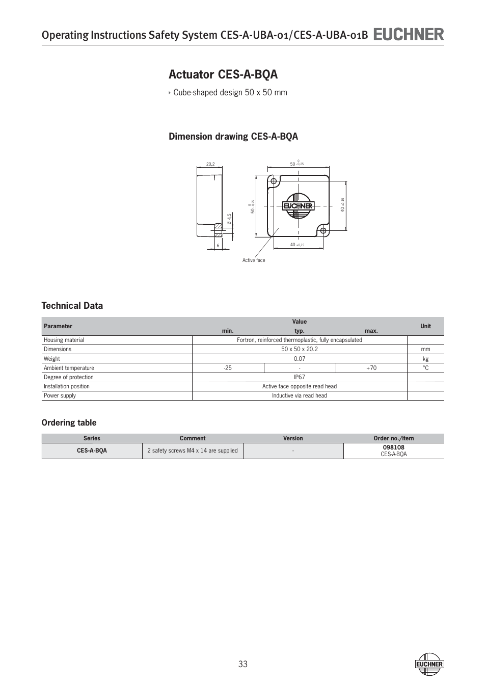 Actuator ces-a-bqa, Dimension drawing ces-a-bqa technical data, Cube-shaped design 50 x 50 mm | Ordering table | EUCHNER CES-A-UBA-01B (Multicode) User Manual | Page 33 / 40