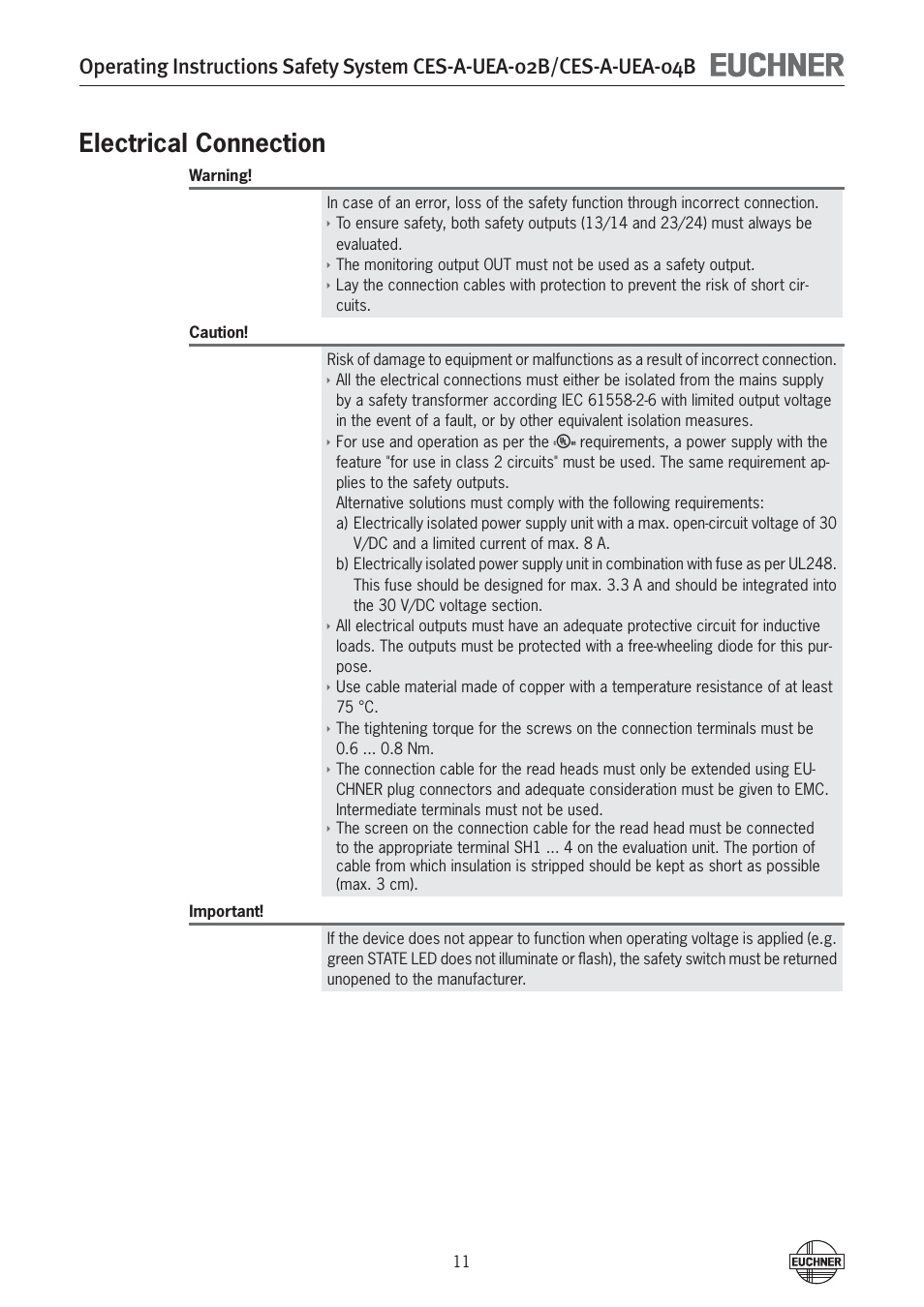 Electrical connection | EUCHNER CES-A-UEA-04B (Multicode) User Manual | Page 11 / 44