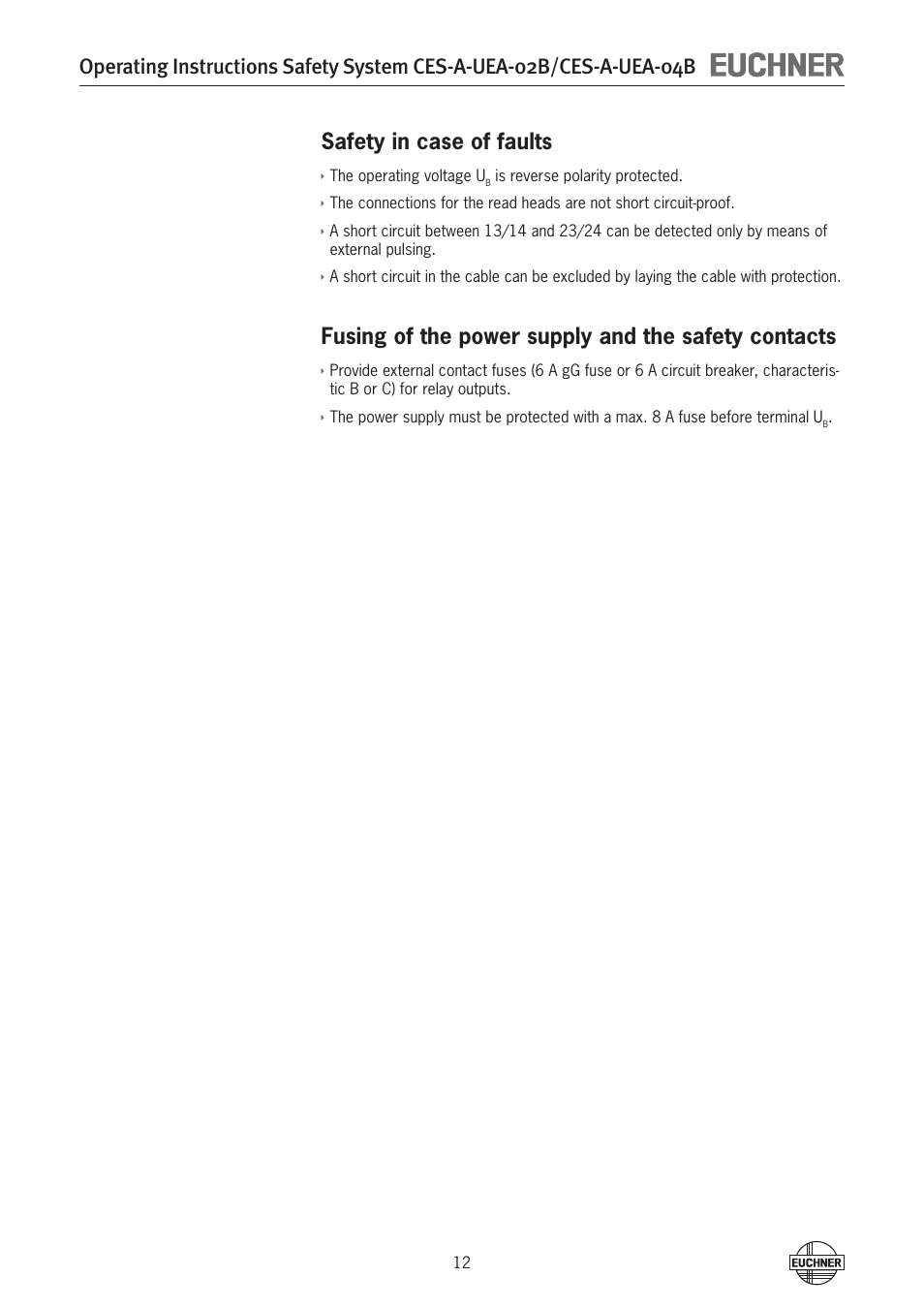 Safety in case of faults, Fusing of the power supply and the safety contacts | EUCHNER CES-A-UEA-04B (Multicode) User Manual | Page 12 / 44