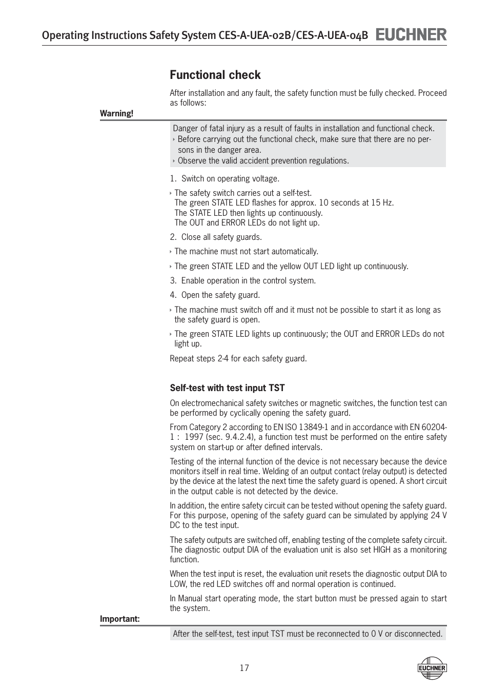 Functional check | EUCHNER CES-A-UEA-04B (Multicode) User Manual | Page 17 / 44