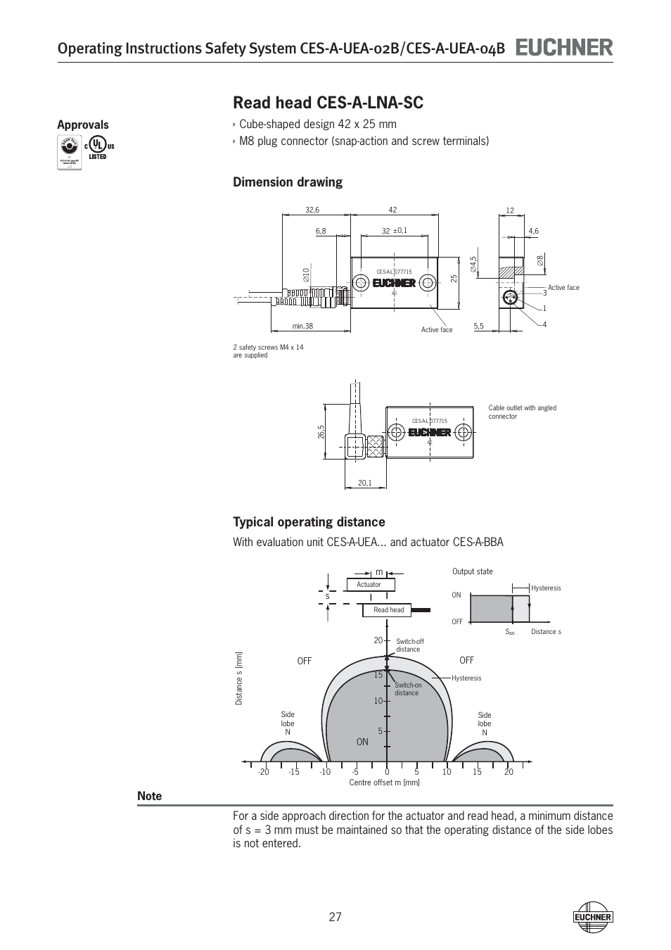 Read head ces-a-lna-sc, Dimension drawing typical operating distance, Cube-shaped design 42 x 25 mm | EUCHNER CES-A-UEA-04B (Multicode) User Manual | Page 27 / 44