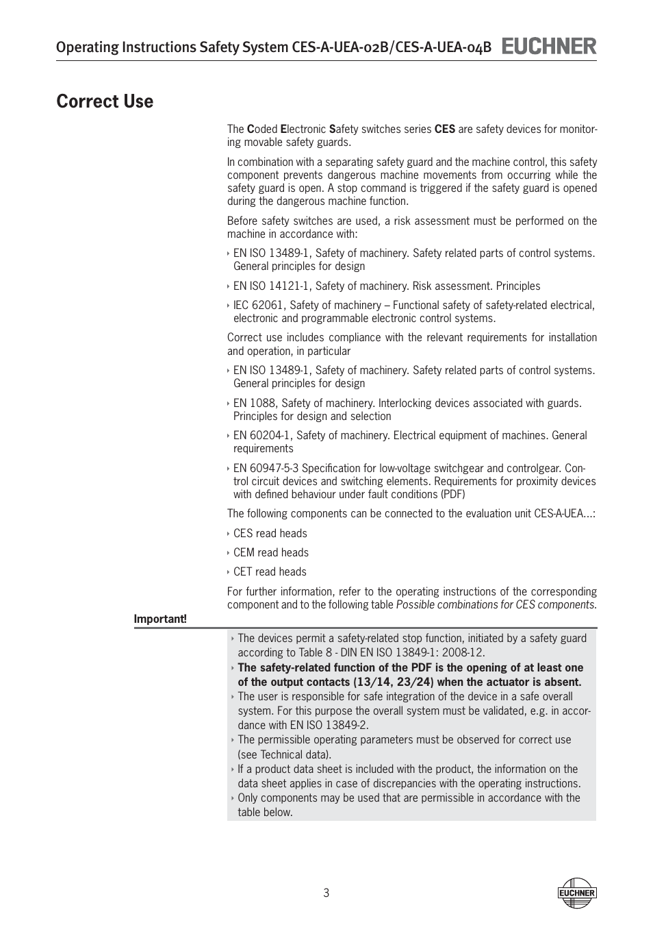 Correct use | EUCHNER CES-A-UEA-04B (Multicode) User Manual | Page 3 / 44