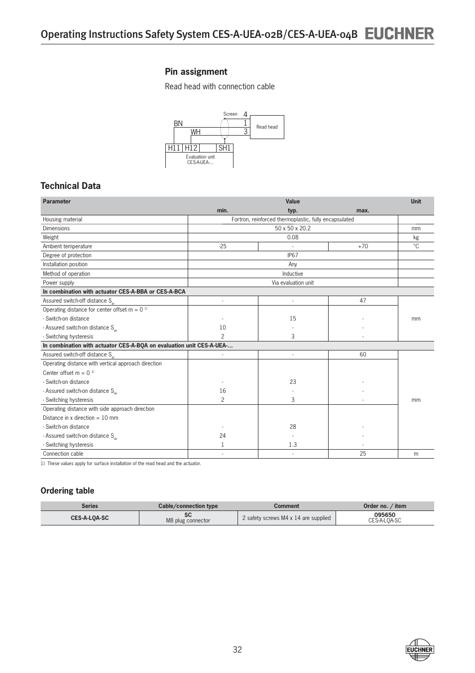 Pin assignment, Technical data, Read head with connection cable | Ordering table | EUCHNER CES-A-UEA-04B (Multicode) User Manual | Page 32 / 44