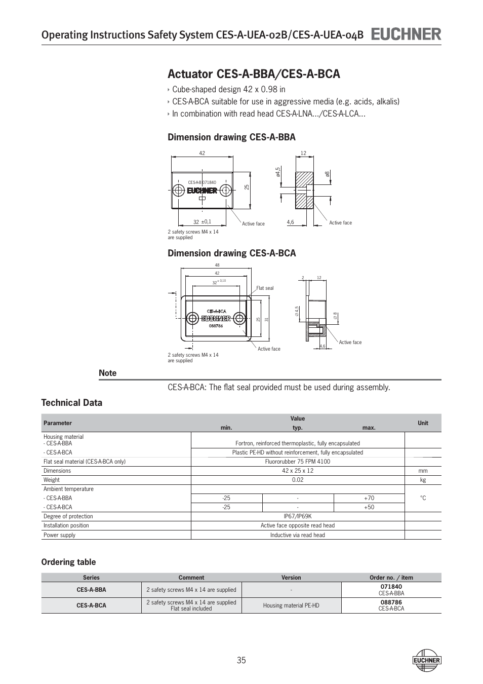 Actuator ces-a-bba/ces-a-bca, Technical data, Ordering table | EUCHNER CES-A-UEA-04B (Multicode) User Manual | Page 35 / 44