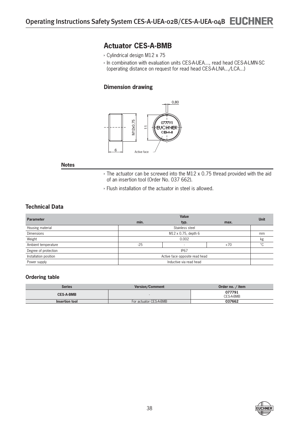 Actuator ces-a-bmb, Dimension drawing, Technical data | EUCHNER CES-A-UEA-04B (Multicode) User Manual | Page 38 / 44