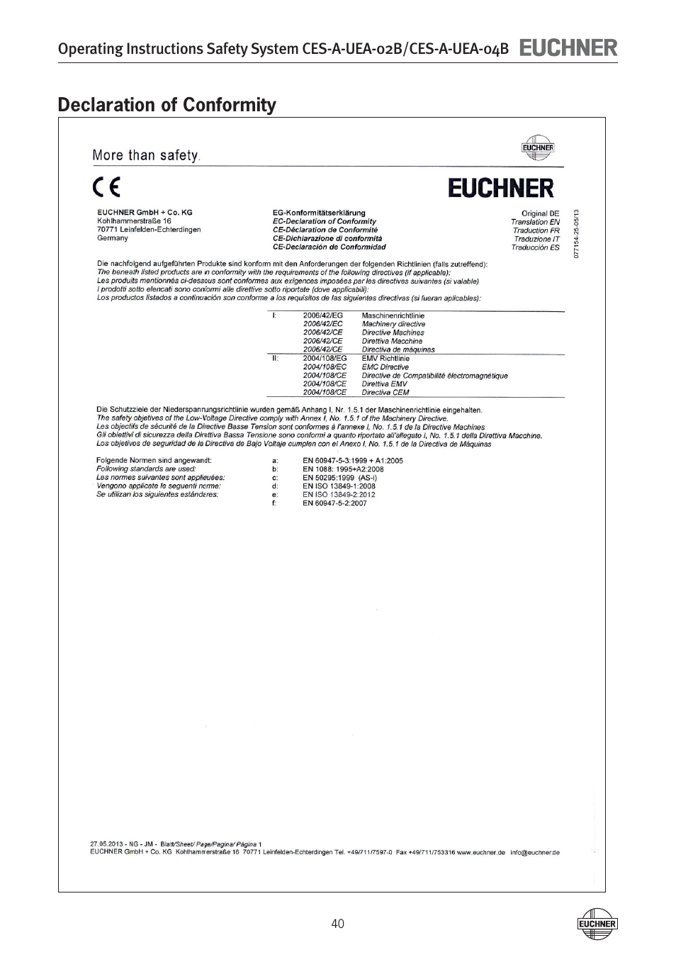 Declaration of conformity | EUCHNER CES-A-UEA-04B (Multicode) User Manual | Page 40 / 44