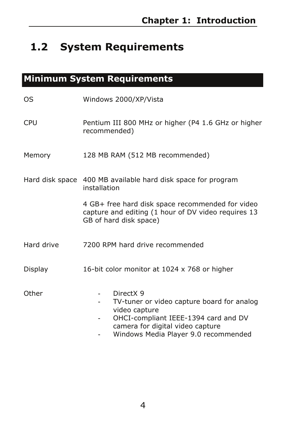 2 system requirements, Chapter 1: introduction 4, Minimum system requirements | ArcSoft SHOWBIZ 2 User Manual | Page 8 / 99