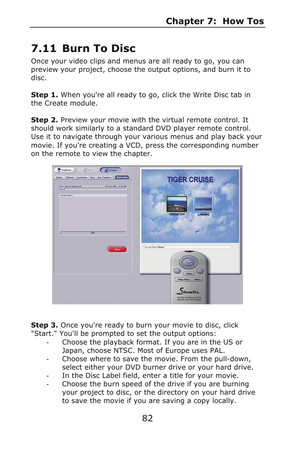 11 burn to disc, Chapter 7: how tos 82 | ArcSoft SHOWBIZ 2 User Manual | Page 86 / 99