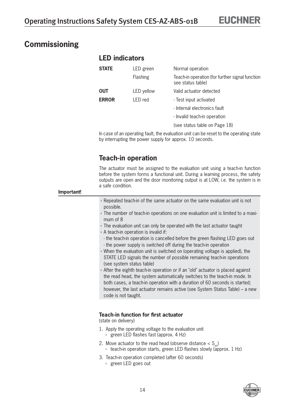 Commissioning, Led indicators, Teach-in operation | EUCHNER CES-AZ-ABS-01B (Unicode) User Manual | Page 14 / 40