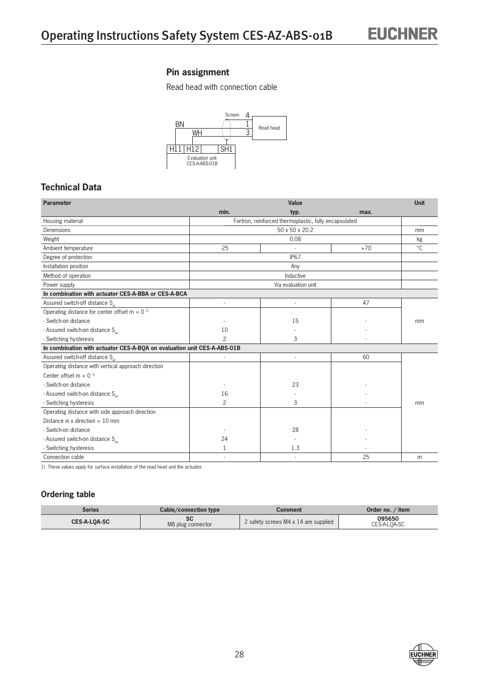 Pin assignment, Technical data, Read head with connection cable | Ordering table | EUCHNER CES-AZ-ABS-01B (Unicode) User Manual | Page 28 / 40