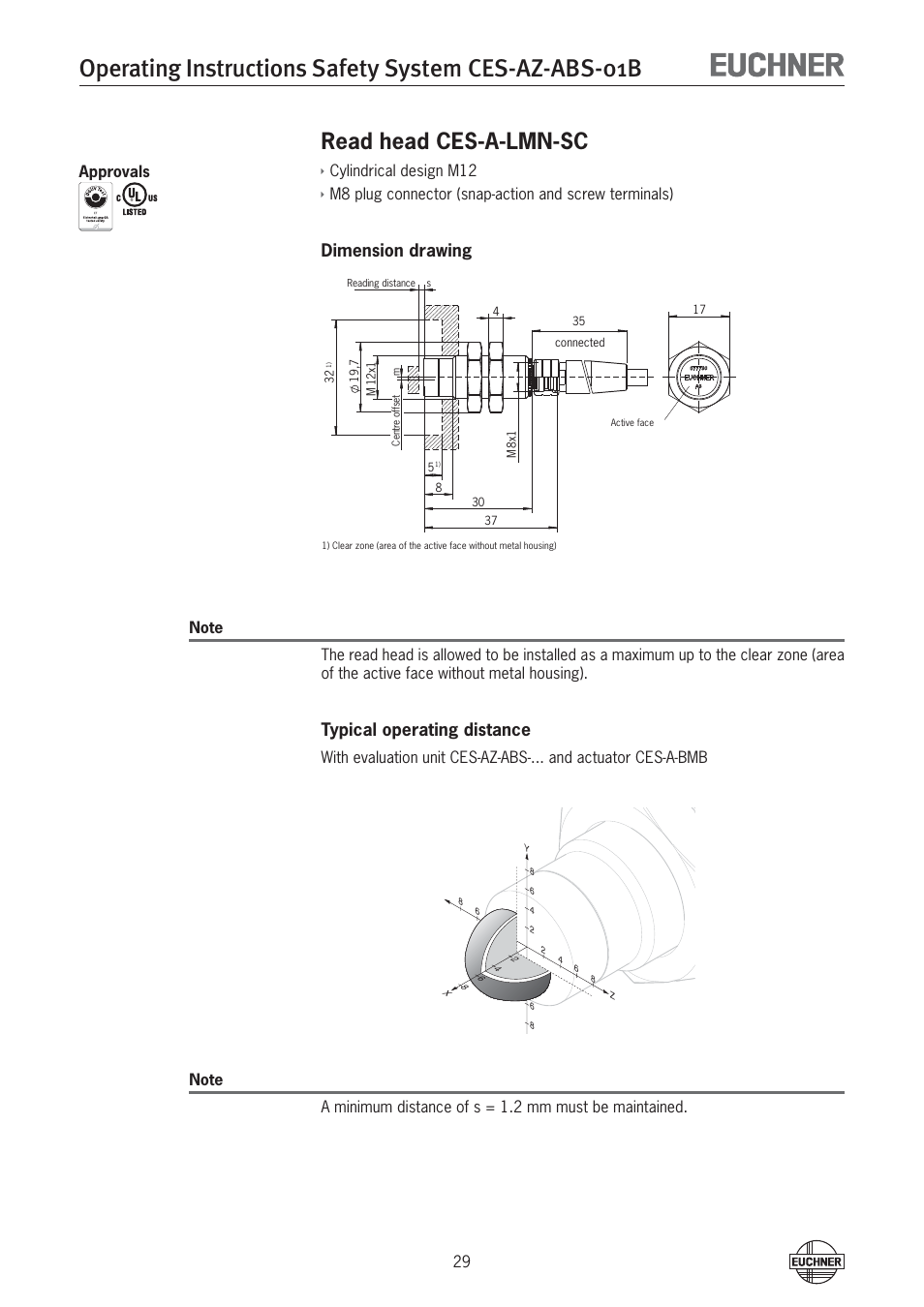 Read head ces-a-lmn-sc, Dimension drawing, Typical operating distance | Cylindrical design m12 | EUCHNER CES-AZ-ABS-01B (Unicode) User Manual | Page 29 / 40