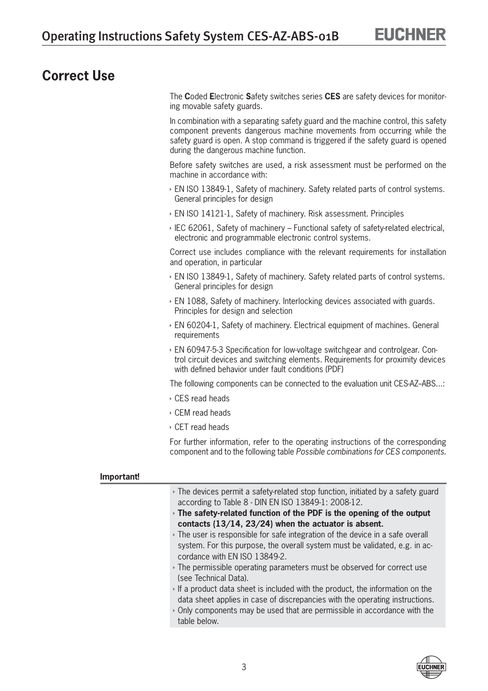 Correct use | EUCHNER CES-AZ-ABS-01B (Unicode) User Manual | Page 3 / 40