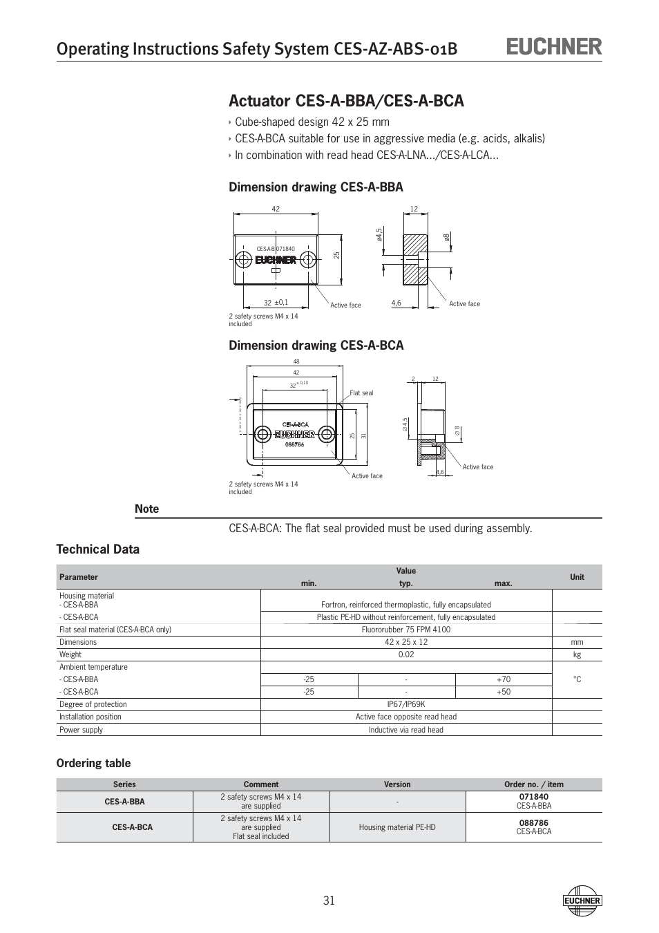 Actuator ces-a-bba/ces-a-bca, Technical data, Cube-shaped design 42 x 25 mm | Ordering table | EUCHNER CES-AZ-ABS-01B (Unicode) User Manual | Page 31 / 40