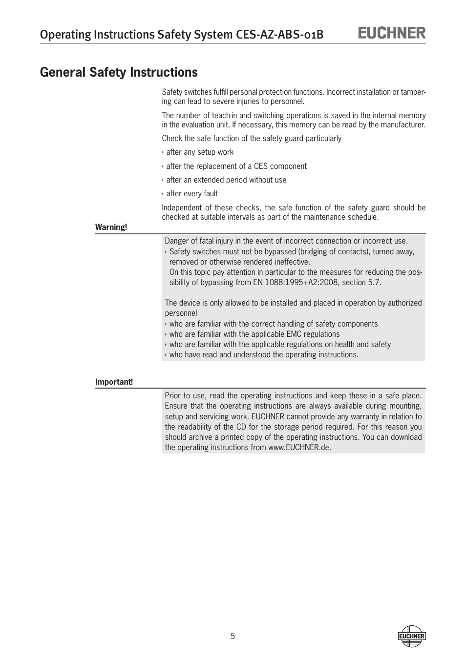 General safety instructions | EUCHNER CES-AZ-ABS-01B (Unicode) User Manual | Page 5 / 40