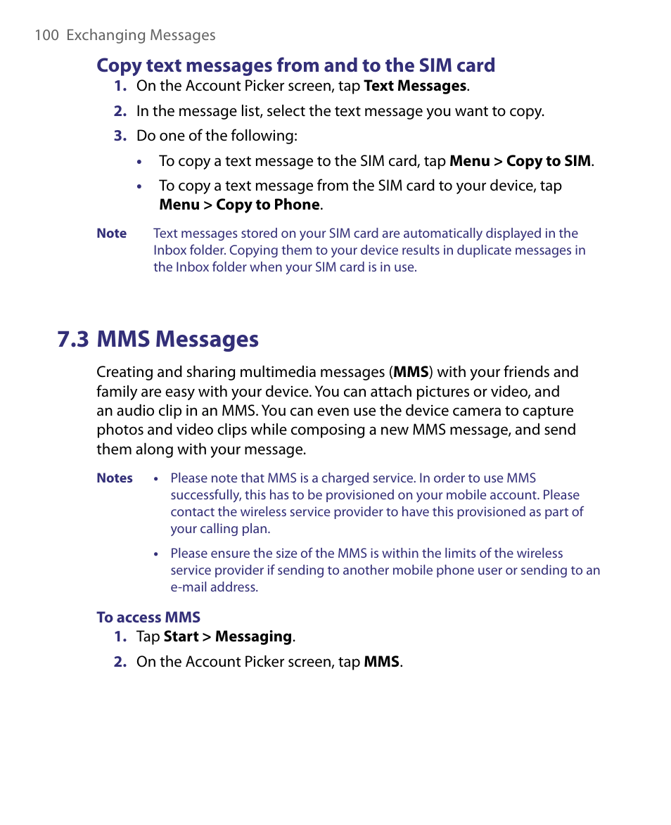 3 mms messages, Copy text messages from and to the sim card | ArcSoft PDA Phone User Manual | Page 100 / 250