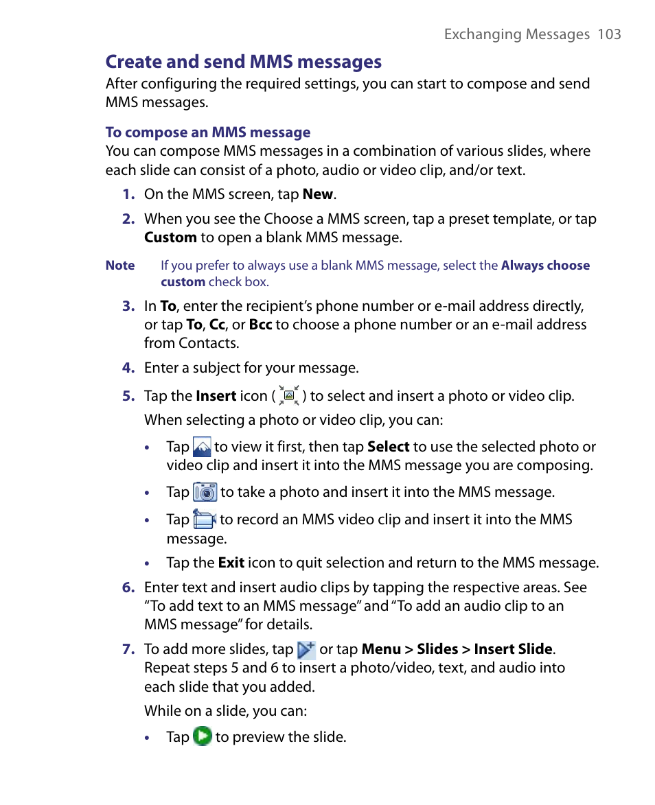 Create and send mms messages | ArcSoft PDA Phone User Manual | Page 103 / 250