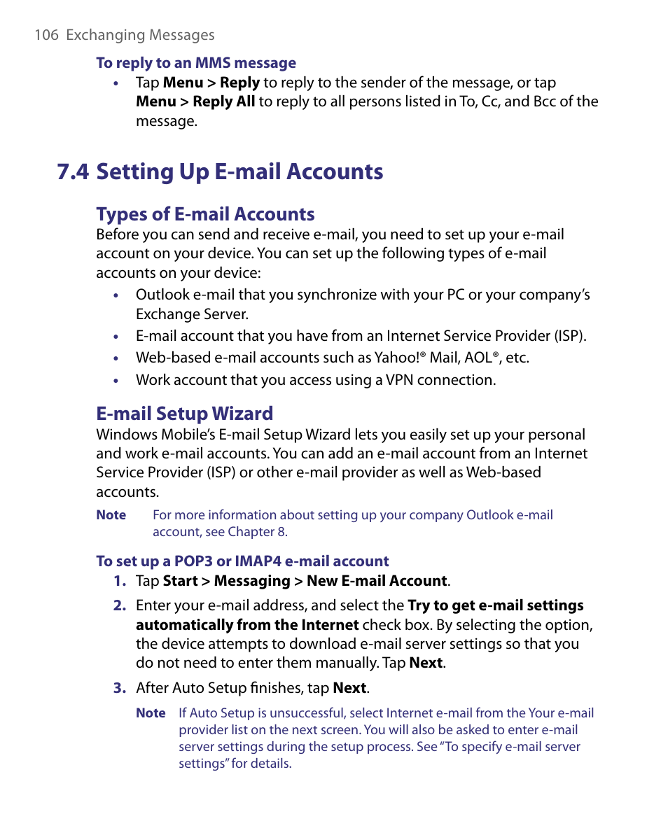 4 setting up e-mail accounts, Types of e-mail accounts, E-mail setup wizard | ArcSoft PDA Phone User Manual | Page 106 / 250