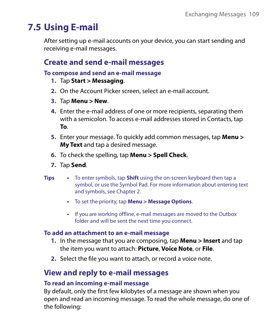 5 using e-mail, Create and send e-mail messages, View and reply to e-mail messages | ArcSoft PDA Phone User Manual | Page 109 / 250