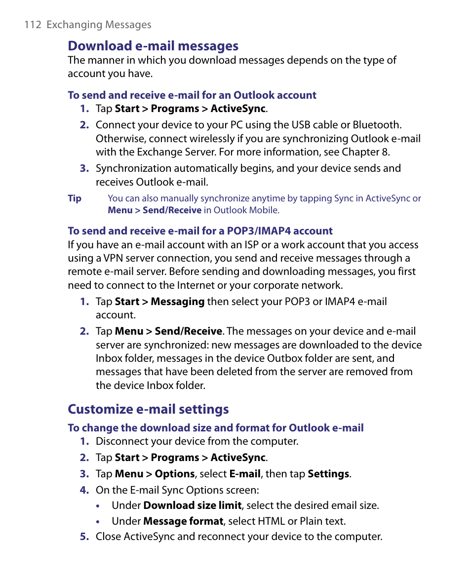 Download e-mail messages, Customize e-mail settings | ArcSoft PDA Phone User Manual | Page 112 / 250