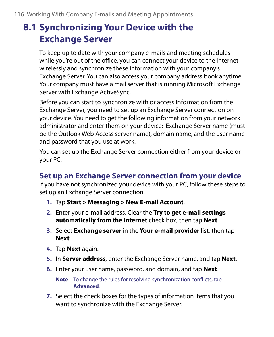 1 synchronizing your device with, The exchange server | ArcSoft PDA Phone User Manual | Page 116 / 250
