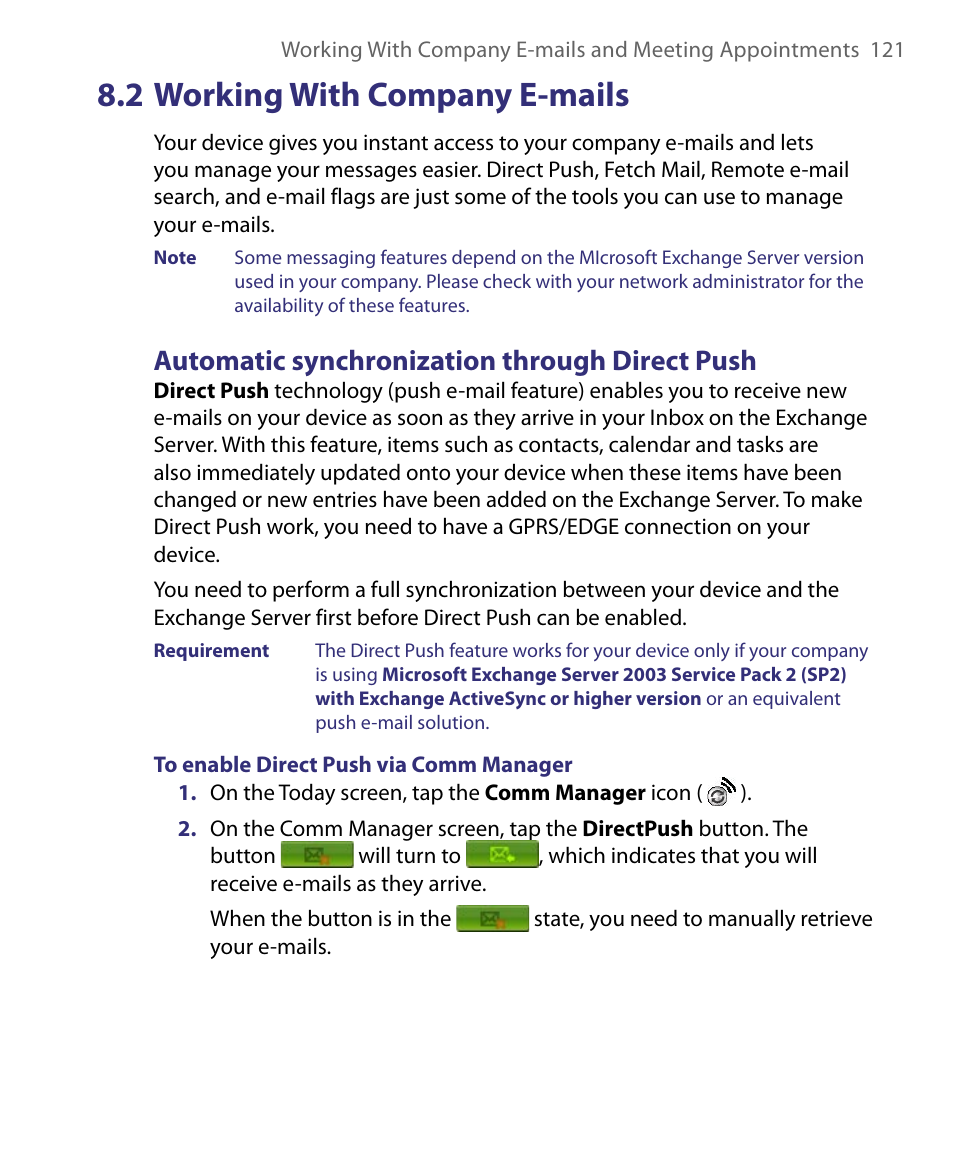2 working with company e-mails, Automatic synchronization through direct push | ArcSoft PDA Phone User Manual | Page 121 / 250