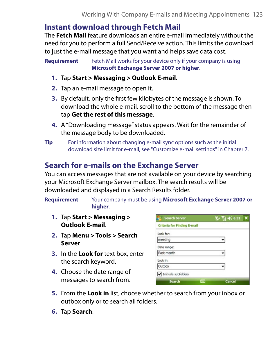 Instant download through fetch mail, Search for e-mails on the exchange server | ArcSoft PDA Phone User Manual | Page 123 / 250