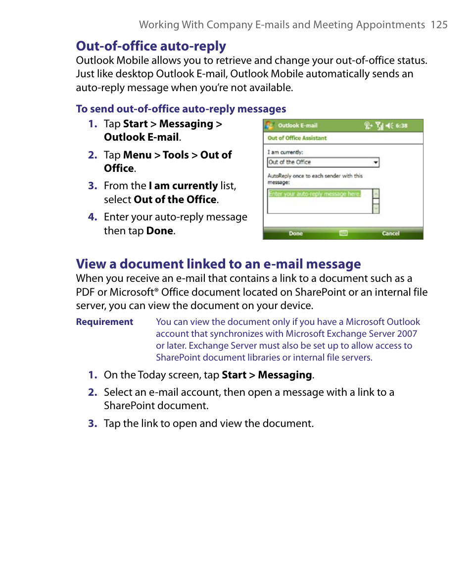 Out-of-office auto-reply, View a document linked to an e-mail message | ArcSoft PDA Phone User Manual | Page 125 / 250