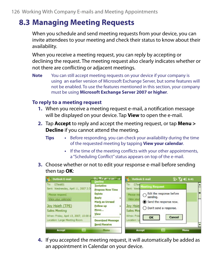 3 managing meeting requests | ArcSoft PDA Phone User Manual | Page 126 / 250