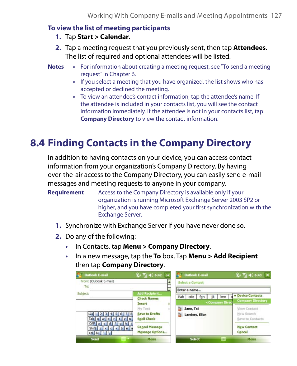 4 finding contacts in the company directory | ArcSoft PDA Phone User Manual | Page 127 / 250