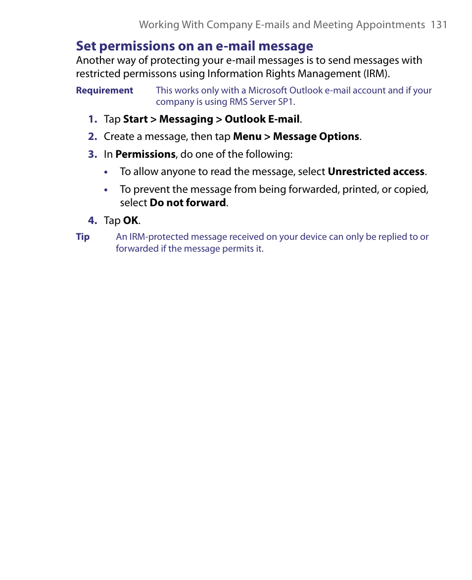 Set permissions on an e-mail message | ArcSoft PDA Phone User Manual | Page 131 / 250