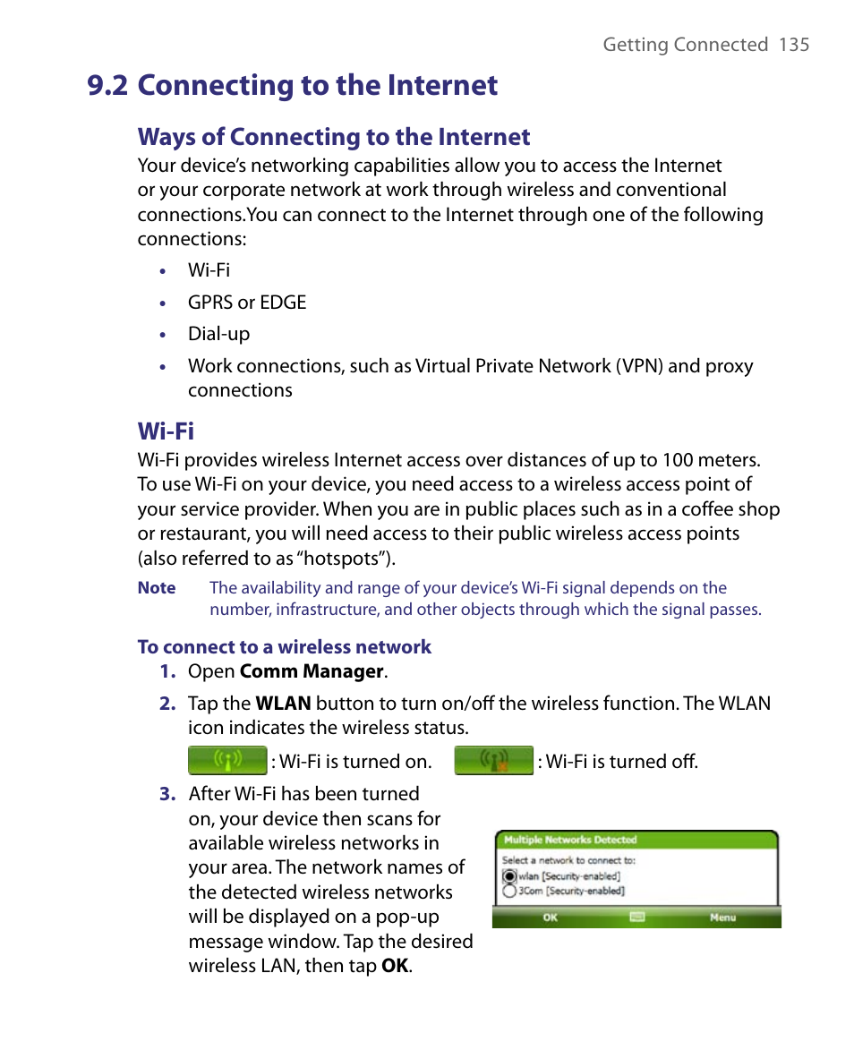 2 connecting to the internet, Ways of connecting to the internet, Wi-fi | ArcSoft PDA Phone User Manual | Page 135 / 250