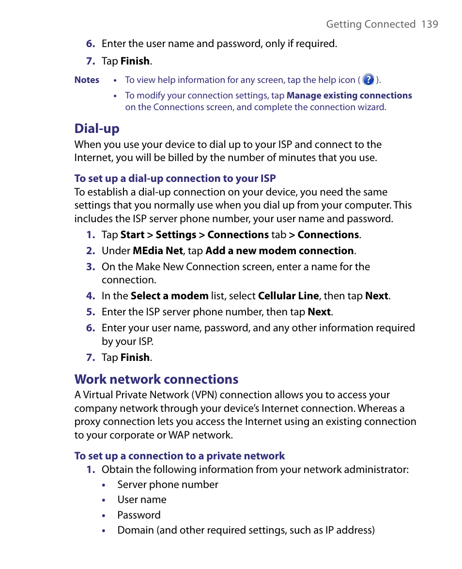 Dial-up, Work network connections | ArcSoft PDA Phone User Manual | Page 139 / 250