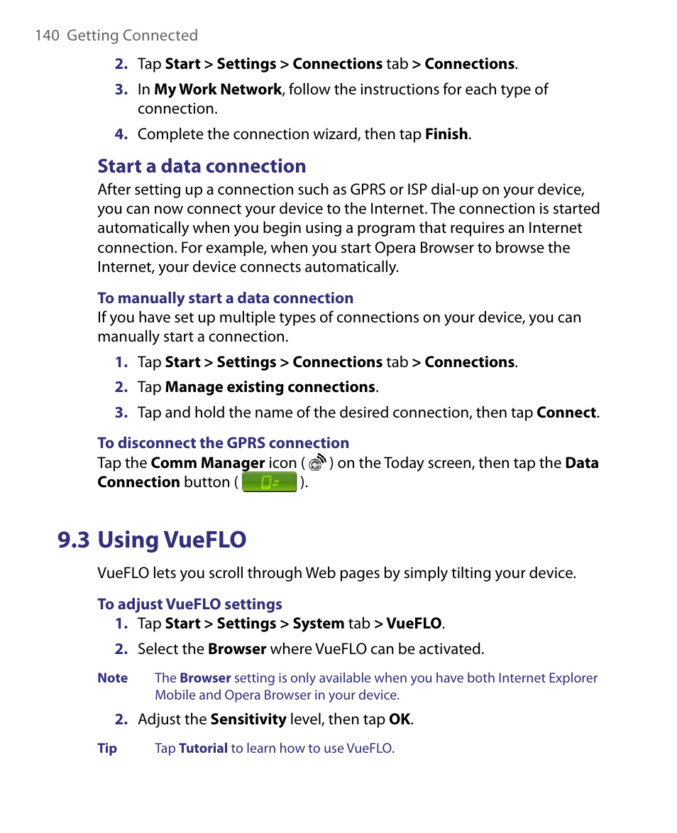 3 using vueflo, Start a data connection | ArcSoft PDA Phone User Manual | Page 140 / 250