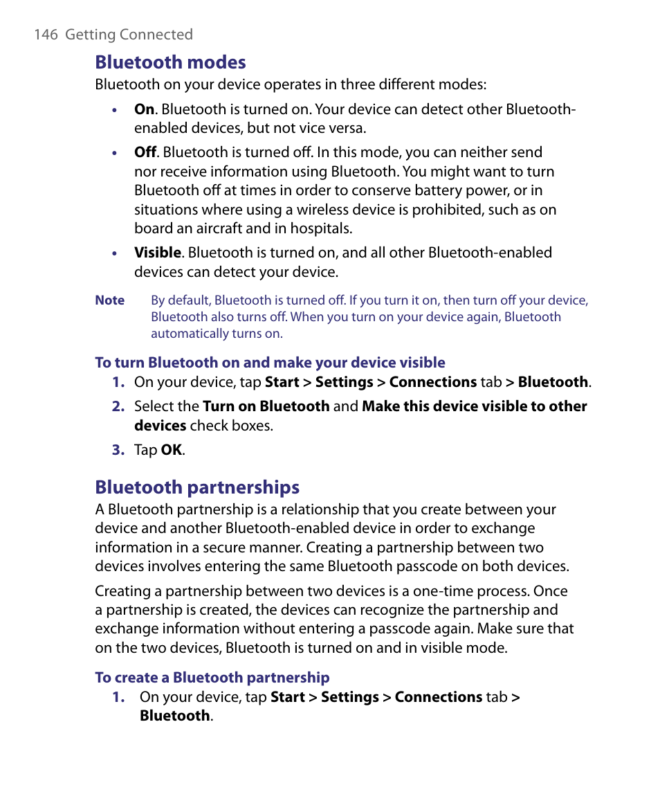 Bluetooth modes, Bluetooth partnerships | ArcSoft PDA Phone User Manual | Page 146 / 250