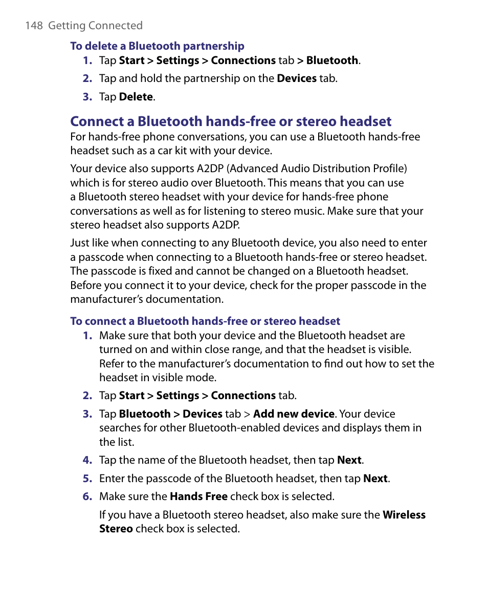 Connect a bluetooth hands-free or stereo headset | ArcSoft PDA Phone User Manual | Page 148 / 250