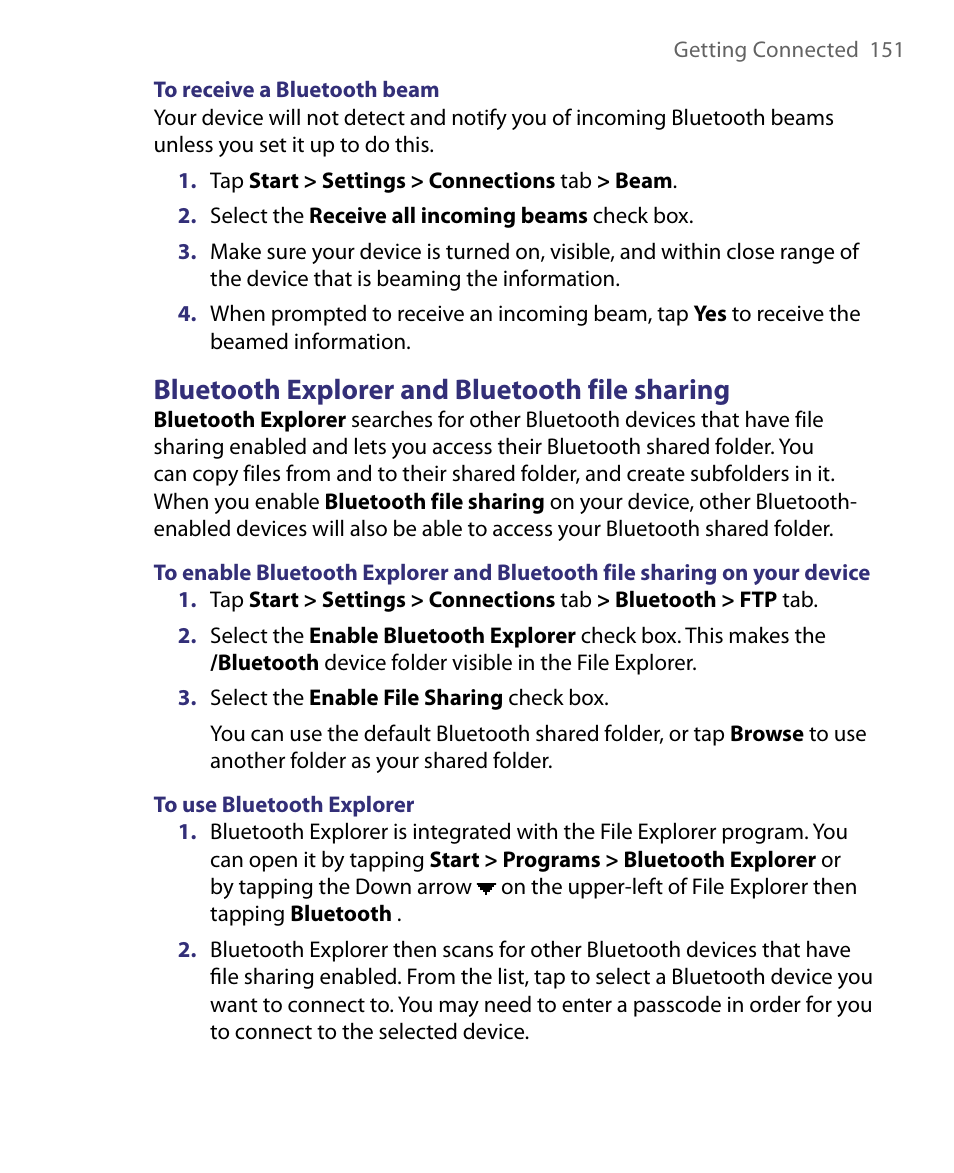 Bluetooth explorer and bluetooth file sharing | ArcSoft PDA Phone User Manual | Page 151 / 250