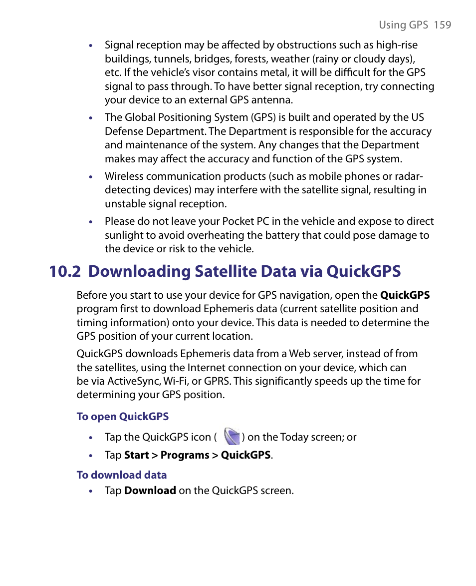 2 downloading satellite data via quickgps | ArcSoft PDA Phone User Manual | Page 159 / 250