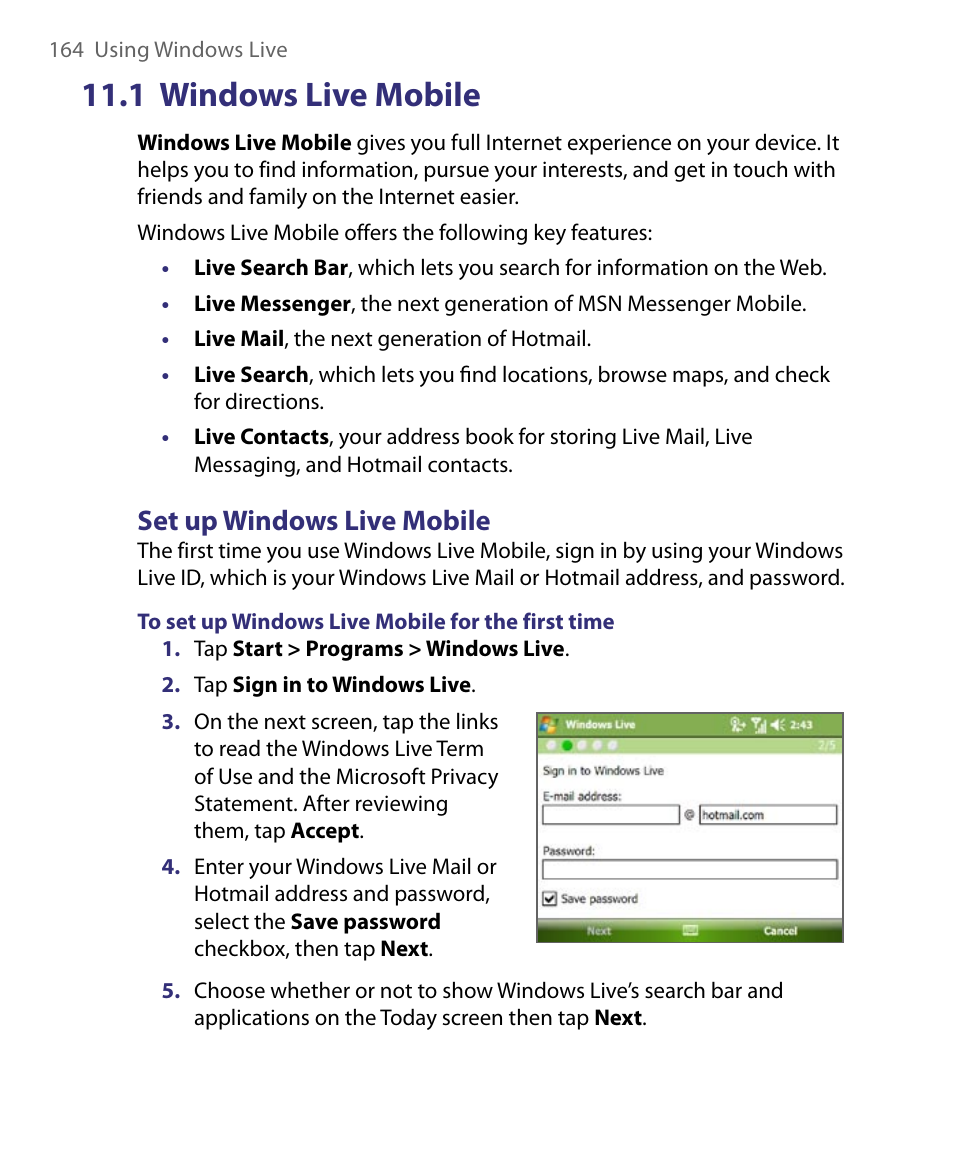1 windows live mobile, Set up windows live mobile | ArcSoft PDA Phone User Manual | Page 164 / 250