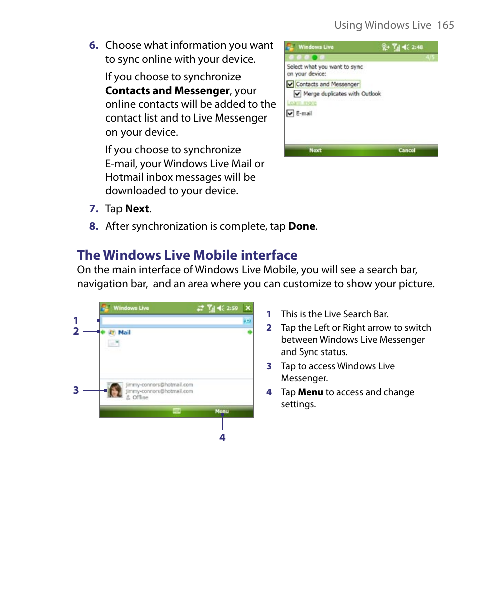 The windows live mobile interface | ArcSoft PDA Phone User Manual | Page 165 / 250