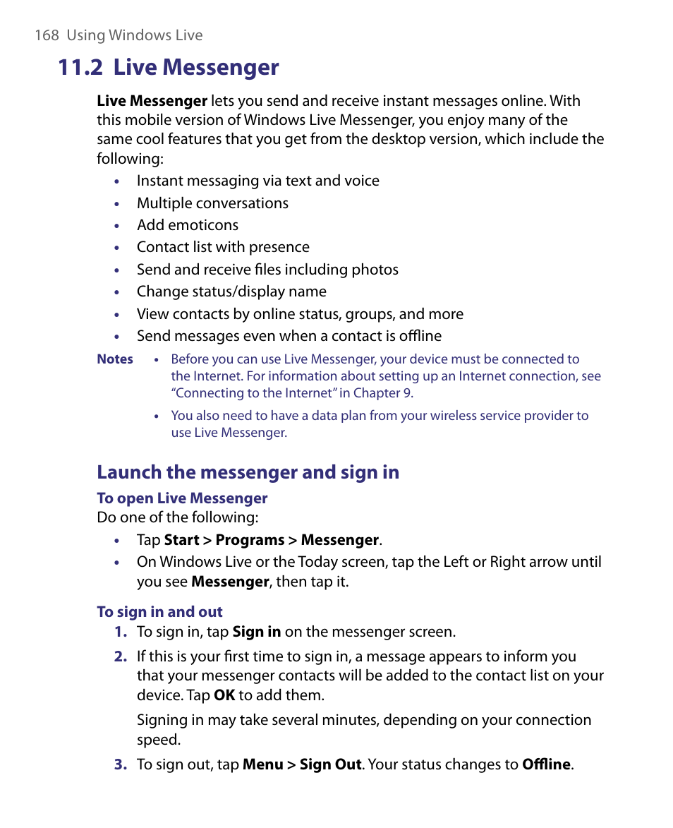 2 live messenger, Launch the messenger and sign in | ArcSoft PDA Phone User Manual | Page 168 / 250