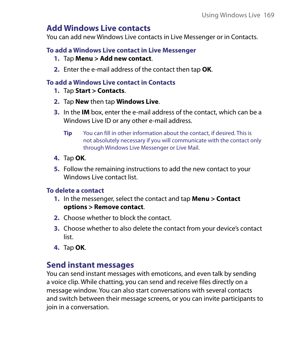 Add windows live contacts, Send instant messages | ArcSoft PDA Phone User Manual | Page 169 / 250