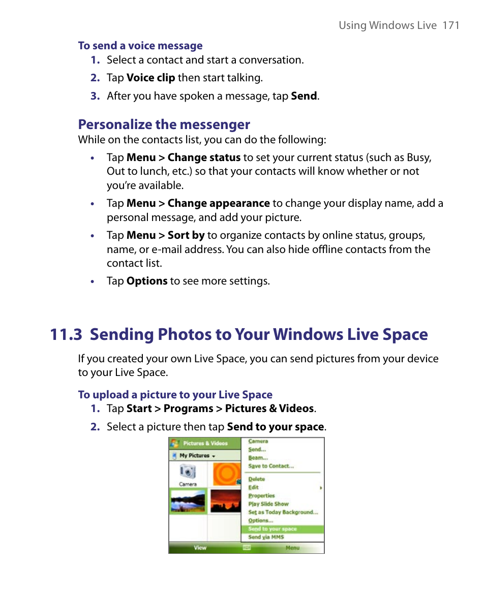 3 sending photos to your windows live space, Personalize the messenger | ArcSoft PDA Phone User Manual | Page 171 / 250