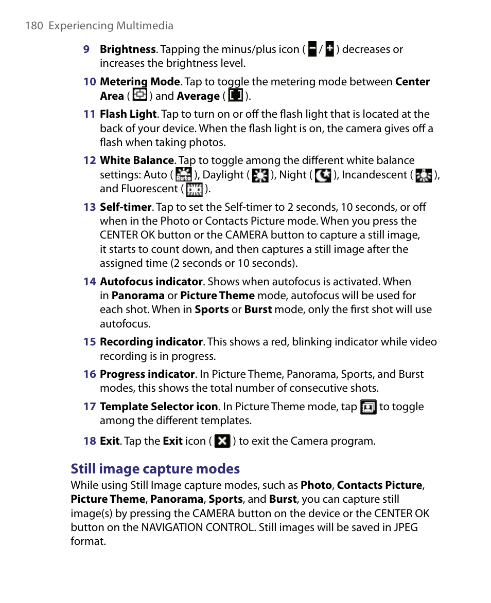 Still image capture modes | ArcSoft PDA Phone User Manual | Page 180 / 250