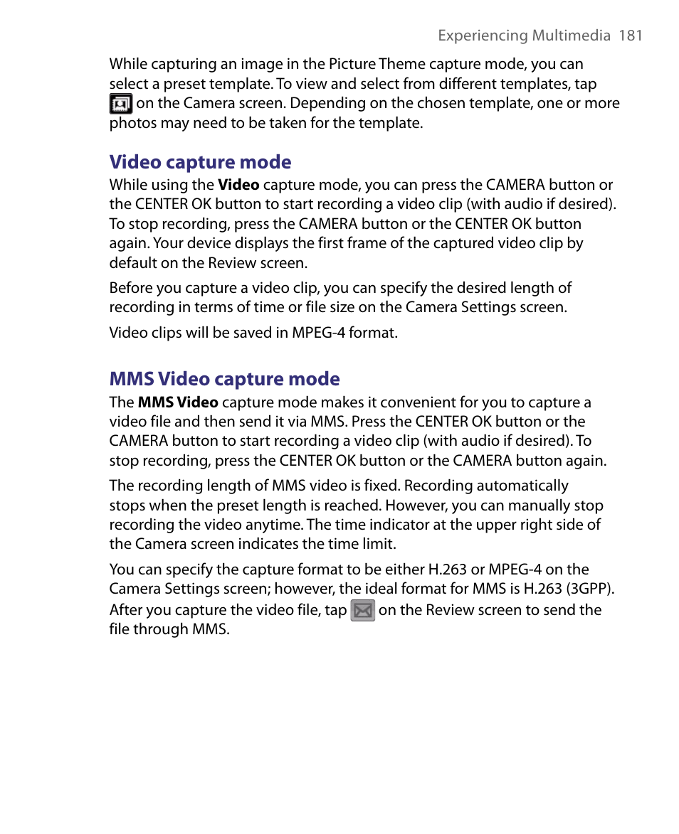 Video capture mode, Mms video capture mode | ArcSoft PDA Phone User Manual | Page 181 / 250