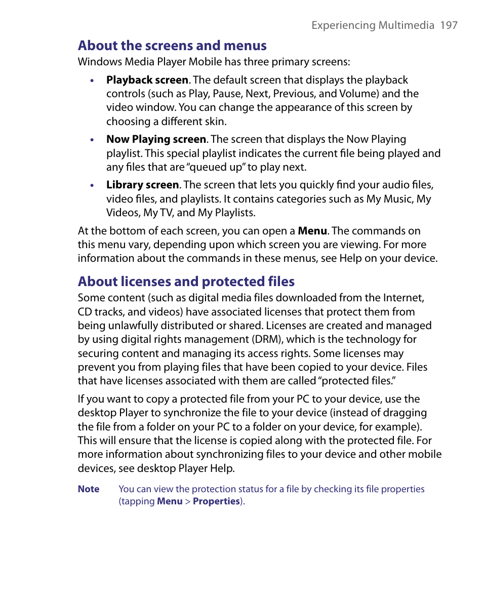 About the screens and menus, About licenses and protected files | ArcSoft PDA Phone User Manual | Page 197 / 250