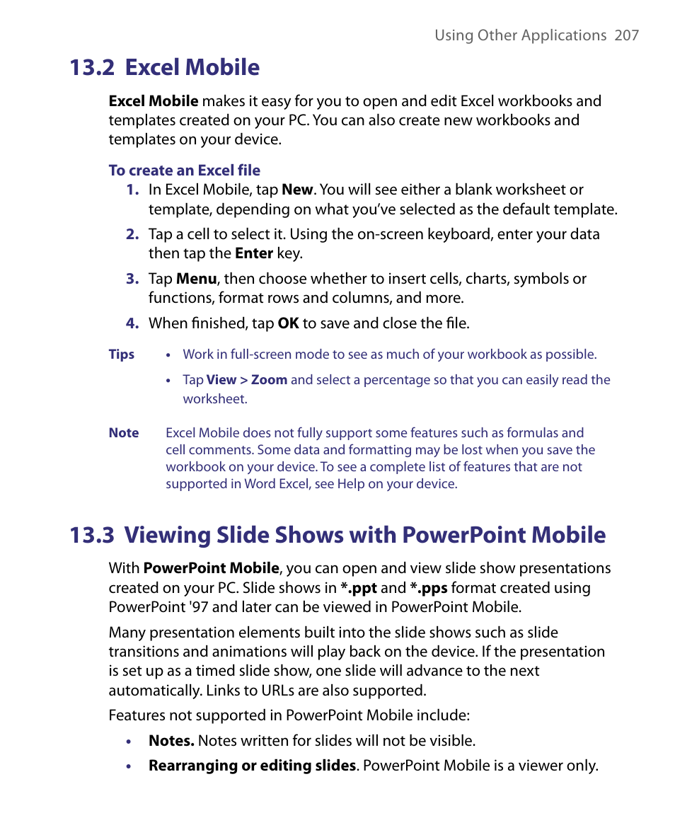 2 excel mobile, 3 viewing slide shows with powerpoint mobile | ArcSoft PDA Phone User Manual | Page 207 / 250