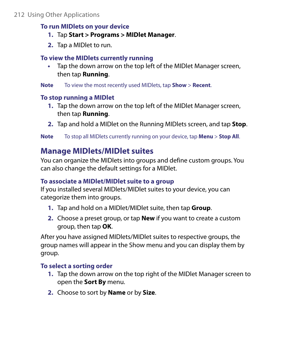 Manage midlets/midlet suites | ArcSoft PDA Phone User Manual | Page 212 / 250