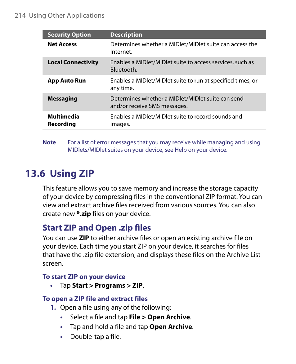 6 using zip, Start zip and open .zip files | ArcSoft PDA Phone User Manual | Page 214 / 250