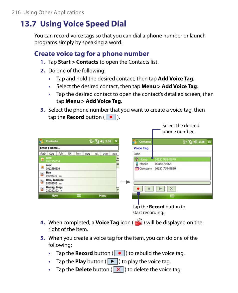 7 using voice speed dial, Create voice tag for a phone number | ArcSoft PDA Phone User Manual | Page 216 / 250
