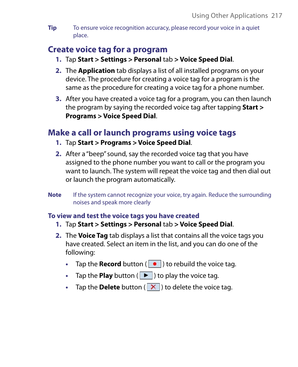Create voice tag for a program, Make a call or launch programs using voice tags | ArcSoft PDA Phone User Manual | Page 217 / 250